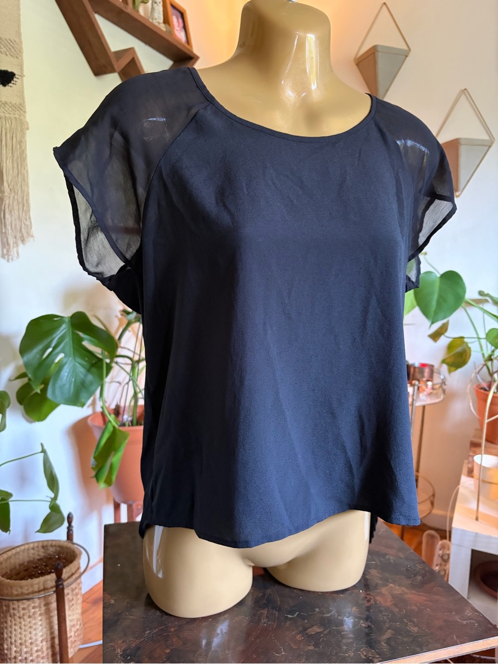 Black Sheer-Sleeve Women's Top